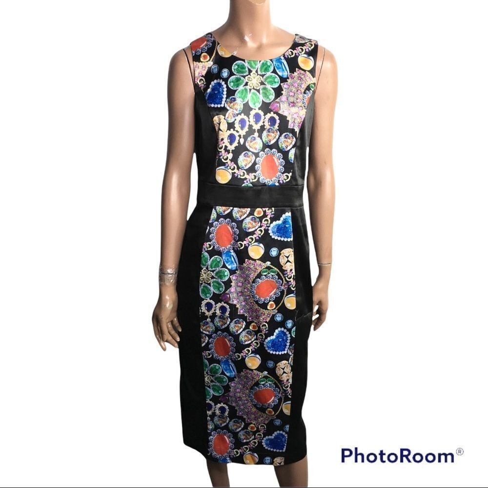 Tatyana black colorful abstract print midi vintage sheath dress M